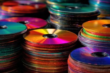 CD DVD Pile. Closeup of Colorful CD and DVD Pile on Abstract Background