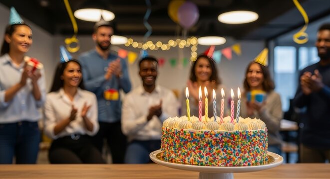 Group celebrates birthday with cake and candles in a festive party atmosphere at work
