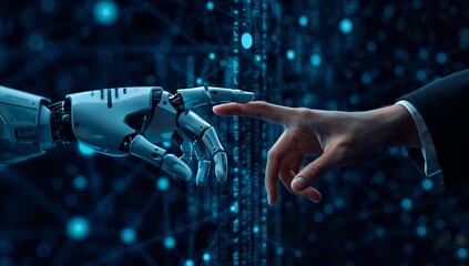 A mechanical arm and a human hand touch, representing the convergence of technology and humanity in a futuristic digital environment.