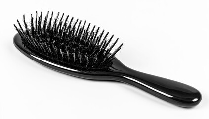 Black hairbrush isolated on a white background, top view.
