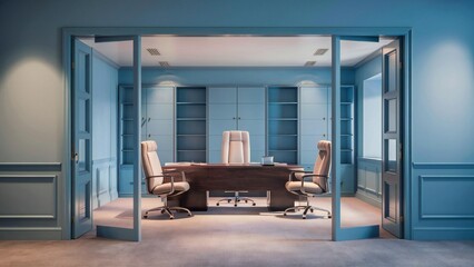 Modern executive office with glass walls and comfortable seating
