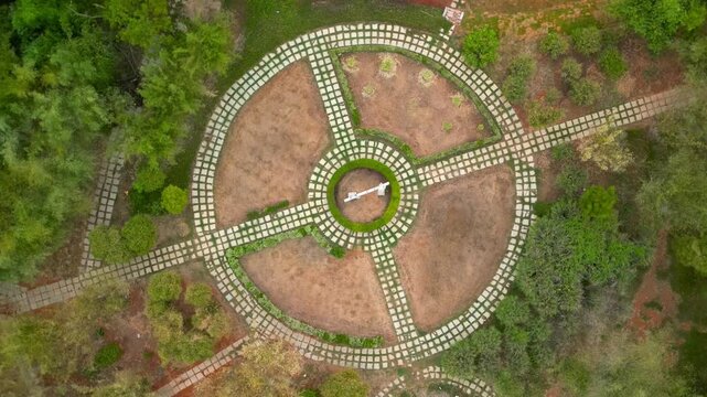 Aerial top down view of Bamboo garden in Sanjeevaiah Children's Park in Hyderabad, India.