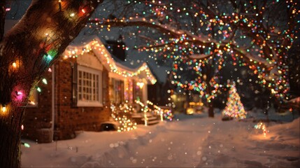 Christmas Light Installation. Snowy Yard with Beautiful Brick Background and Colorful Christmas Lights