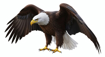 Obraz premium A majestic bald eagle soaring with its wings spread wide against a plain white background in sharp detail