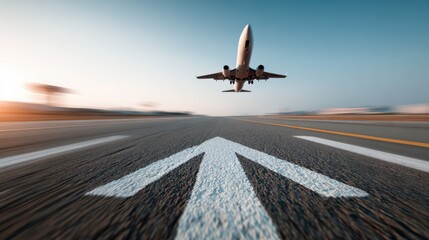 Commercial airplane taking off from runway during daytime with clear sky and airport surroundings