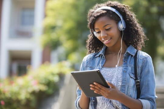 College Tablet African American. Happy Black Female Student with Headphones using Tablet for E-Learning - Powered by Adobe