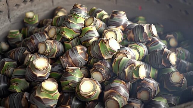 Close Up of Fresh Green Agave Plants Piled for Tequila Production Showing Cut Stems and Smoky Haze with Dark Background