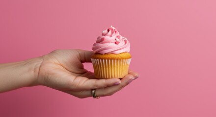 Hand holding pink frosted vanilla cupcake dessert bakery confection sugar sweet treat food bake