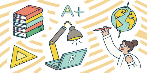 Vector art of education and learning with books, globe, lamp, and laptop isolated on white background