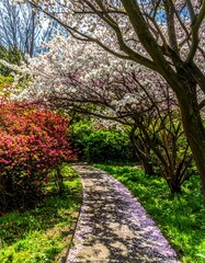 Spring garden path with blossoms