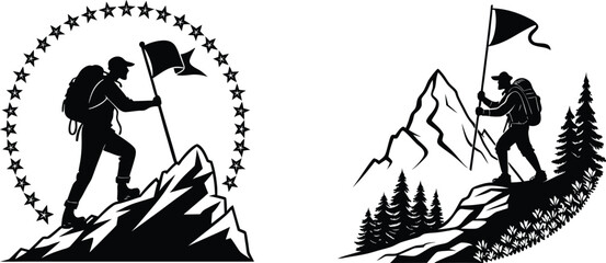 mountain climber silhouette with flag on peak vector illustration