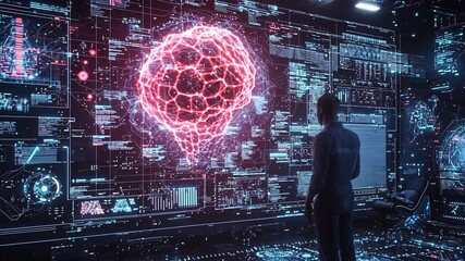 Researcher analyzes large digital screen displaying glowing red brain with code data graphs for advanced technology Artificial intelligence AI human mind study concept - Powered by Adobe