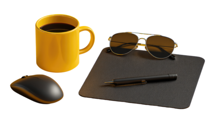 A yellow coffee mug, sunglasses, a mouse, and a pen on a dark pad