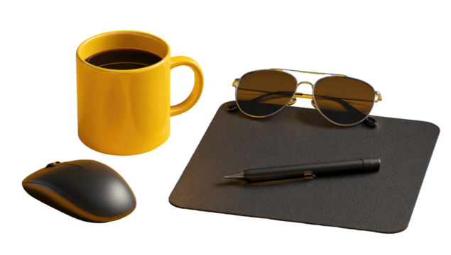 A yellow coffee mug, sunglasses, a mouse, and a pen on a dark pad