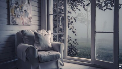 Obraz premium Cozy armchair by a large window with a view of nature