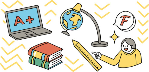 Vector art of cartoon illustration of education and learning with grades, books, laptop, globe, and teacher isolated on white background