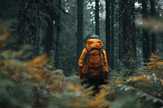 Create an image of a backpacking hiker in the woods
