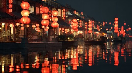 Red Lanterns Glowing Over Water City at Night