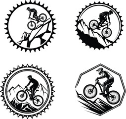 Mountain Biking Silhouettes with Nature and Mountain Emblems Vector Set