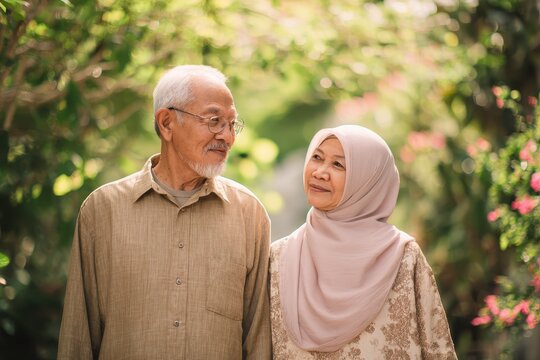Elderly Asian Muslim couple strolling in a garden