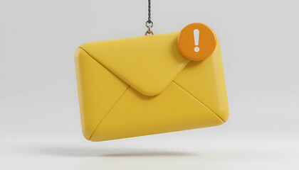 A yellow email envelope hanging with an orange exclamation point notification on a white background