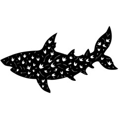 Black silhouette of a shark with white paw prints