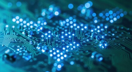 Cybernetic Glow: Macro View of a Blue-Lit Motherboard with Bokeh