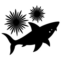 Black silhouette of a shark swimming near starfish