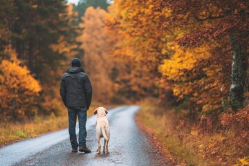Fototapeta premium Back of a man and his labrador in fall woods