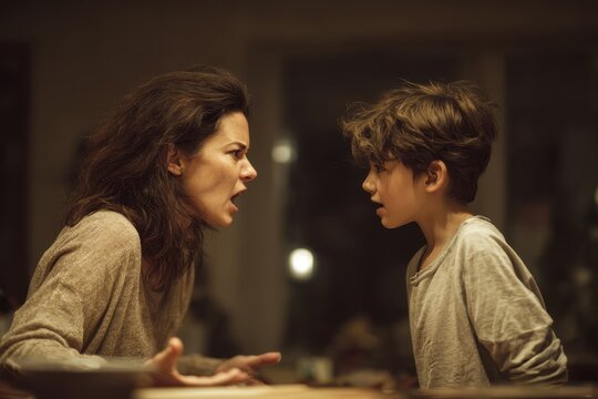 Furious mom reprimanding her child indoors