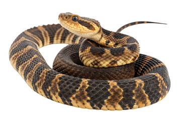 Obraz premium Venomous Cottonmouth Snake Coiled and Looking Alert with Patterned Scales Isolated on White Background