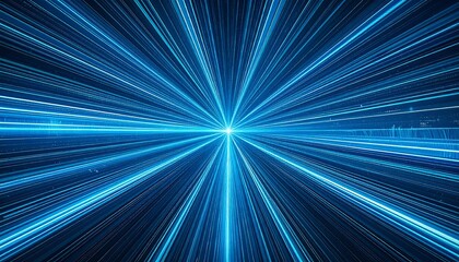 Abstract blue light streaks radiate from a central point, creating a dynamic sense of speed and movement