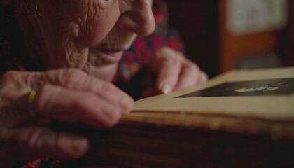 Elderly woman looks through old photo album in dimly lit room, reminiscing about past memories with a sense of nostalgia and reflection.