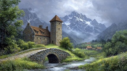 Scenic stone castle in a misty mountain landscape