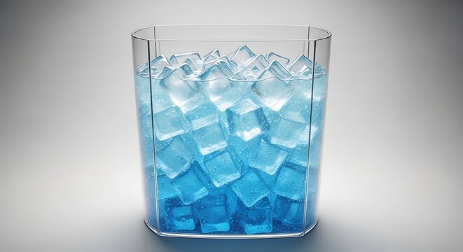 A Modern Glass Container Brimming with Luminous Blue and Clear Ice Cubes. - Powered by Adobe