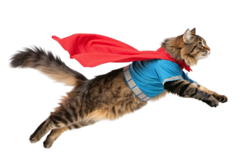 Funny Cat in Superhero Costume with Red Cape Jumping Forward Isolated on White Background