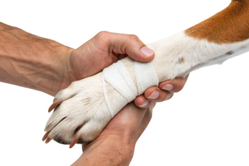 Human Hands Holding Injured Dog Paw with Bandage Showing Pet Care and Veterinary Treatment Isolated on White Background