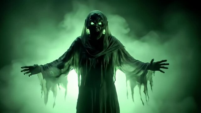 A spooky ghost figure shrouded in green smoke with glowing eyes.