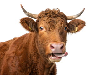 Brown Cow with Curly Hair and Horns Licking Nose Isolated on White Background