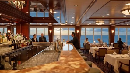 Elegant cruise ship dining and bar area with ocean views providing luxury travel experience