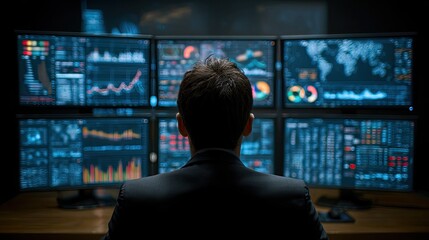 Professional analyst monitoring real-time data on multiple screens, visualizing market trends and financial analysis for strategic decisions