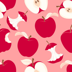 Fresh red apple seamless pattern featuring whole and sliced apples on a soft pink background, perfect for fabric, wrapping, and kitchen-themed designs.