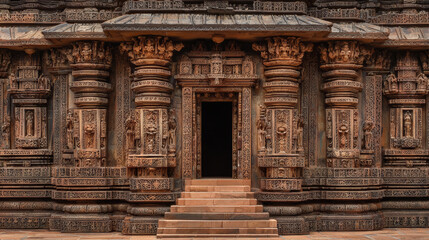Fototapeta premium Ancient temple architecture stone carving entrance steps ornate historical India ancient temple entrance features ornate stone carving detailed