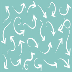 Seamless pattern of hand drawn arrows on teal.  Vector seamless pattern with various white hand drawn arrows on a teal background, perfect for creative designs, backgrounds, and presentations.