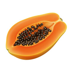 Hyper-realistic illustration of a fresh ripe papaya cut in half, revealing black seeds inside. Isolated on transparent background, ideal for food packaging, tropical fruit ads, or nutrition-related