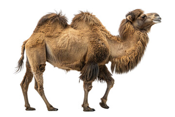 Side view of a Bactrian camel with two humps isolated on white background
