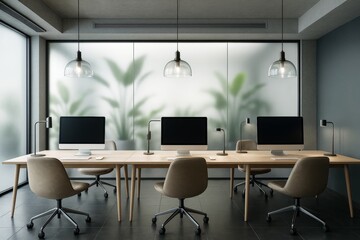 Modern minimalist office interior with wooden desks, neutral chairs, computers, and pendant lighting in contemporary architecture setting.