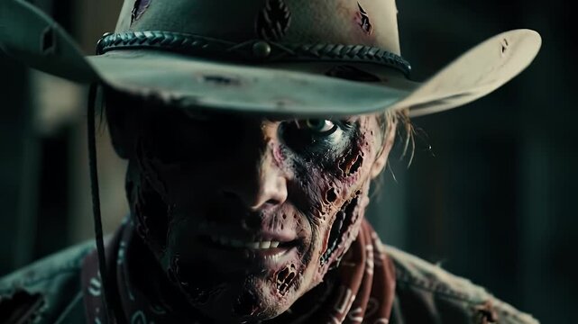 A close-up of a terrifying zombie cowboy wearing a tattered hat and bandana, with a menacing stare.