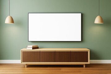 Modern interior room with green wall, wooden floor, blank frame on wall, and cabinet with books placed on top under warm pendant lights.