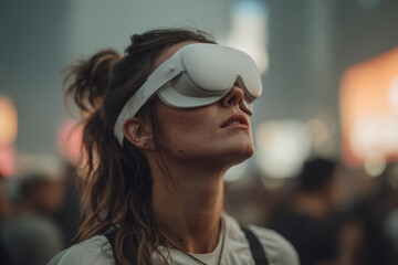 in bustling urban environment girl wearing futuristic virtual mask stands out among crowd creating intrigue and